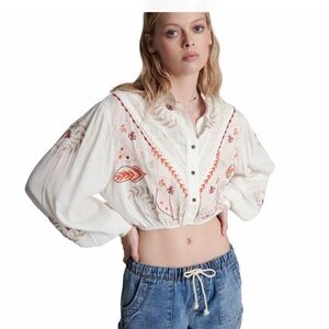 One Teaspoon Gypsy Embroidered Crop Top White Orange Green